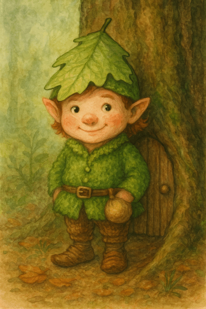 Wichtel Finn steht unter einem Baum und poliert leuchtende Sterne am Nachthimmel.