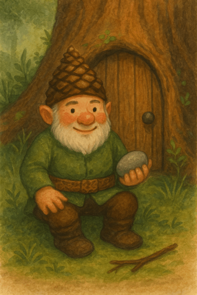 Wichtel Borwin sitzt vor einer Baumtür, umgeben von Rehkitzen und jungen Bäumen.