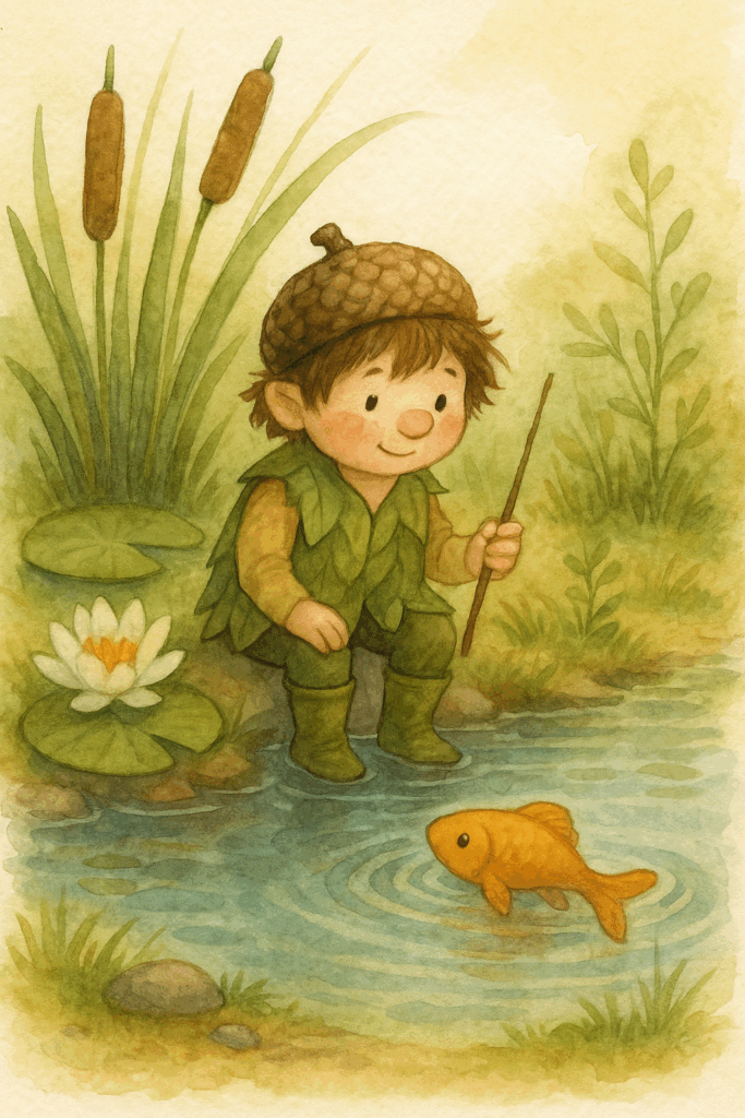 Wichtel Malwin sitzt am Teichufer und beobachtet Fische, Frösche und Libellen.