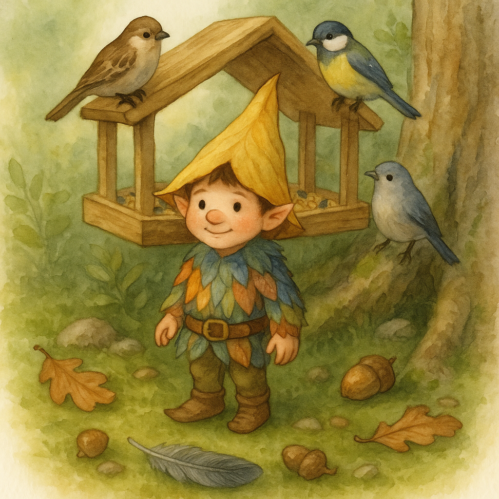 Wichtel Pippo verteilt Körner an Spatzen, Meisen und Tauben unter einem Futterhaus.