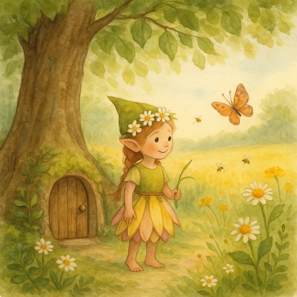 Wichteline Alva steht unter einer Buche und blickt über eine Wiese voller Blumen, Bienen und Schmetterlinge.