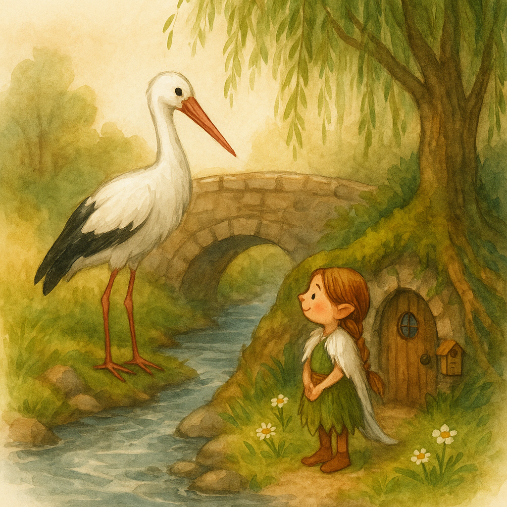 Wichteline Linnea steht am Bach unter einer Weide und winkt einem Storch auf der Brücke zu.