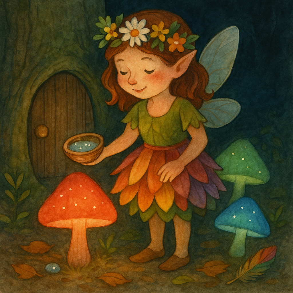 Wichteline Liora steht im dunklen Wald und lässt bunte Pilze erstrahlen.